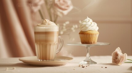 A tasty coffee in a beautiful cup in a boho interior, realistic photo