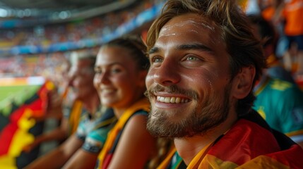 Sports fans in a brightly colored stadium with blurred faces to preserve anonymity