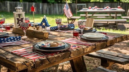 Obraz premium rustic wooden table set for a Fourth of July barbecue, complete with patriotic decorations