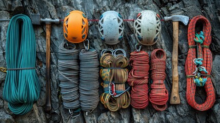 A collection of colorful climbing equipment neatly arranged against a rugged rock background
