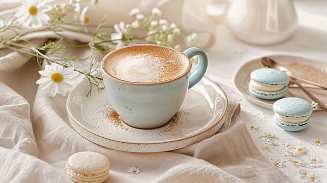 A tasty coffee in a beautiful cup in a boho interior, realistic photo