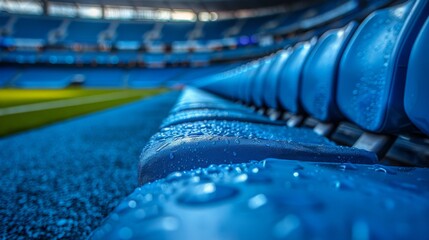 Obraz premium Detailed image of water droplets on blue stadium seating after rain