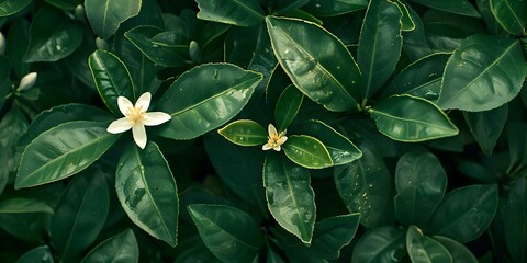 Obraz premium Vibrant green leaves enhance the beauty of Neroli blossoms capturing their essence. Concept Floral Photography, Nature's Beauty, Fragrant Blooms, Botanical Portraits, Citrus Blossoms
