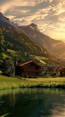 Fototapeta premium a log cabin embraced by an alpine valley, where lush meadows and serene streams mirror the golden hues of sunset.
