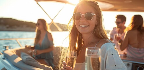Obraz premium Group of Friends Enjoying Champagne on a Yacht Cruise. Luxury Yacht and Boat Charter Concept for Vacation and Events