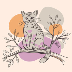 Obraz premium Cat sitting on a tree branch with birds 