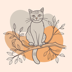 Cat sitting on a tree branch with birds
