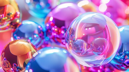 Close-up of colorful spheres with a shiny, iridescent finish.