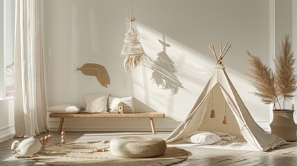 a small tent nestled in a Scandinavian nursery, adorned with soft pillows, cushions, and whimsical children's decor.