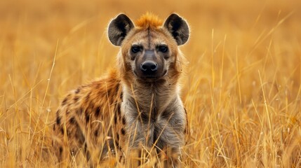 Front view of a hyena's face with piercing eyes and the grassland background