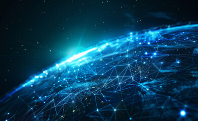 Obraz premium Illuminated digital network and nodes on Earth, symbolizing global data and connectivity in space.