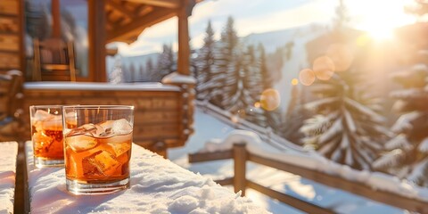 Enjoy a winter ski vacation at a mountain chalet with cocktails in the sun. Concept Winter Vacation, Skiing, Mountain Chalet, Cocktails, Sun Enjoyment