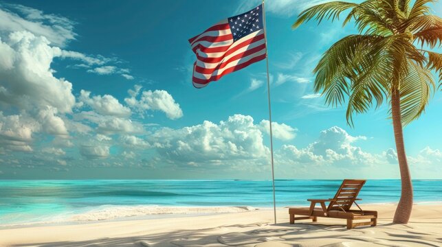 serene beach scene with a large American flag flying next to a beach chair - Powered by Adobe