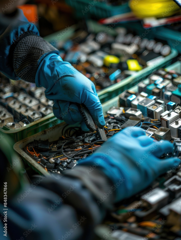 Aufkleber sorting electronic parts in recycling facility by workers. workers in gloves organizing and categori