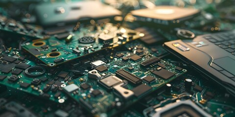 Blurry image of electronic waste heap discarded laptop parts industry recycling. Concept Electronic Waste, Recycling, E-Waste Management, Technology, Environmental Impact
