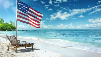 serene beach scene with a large American flag flying next to a beach chair