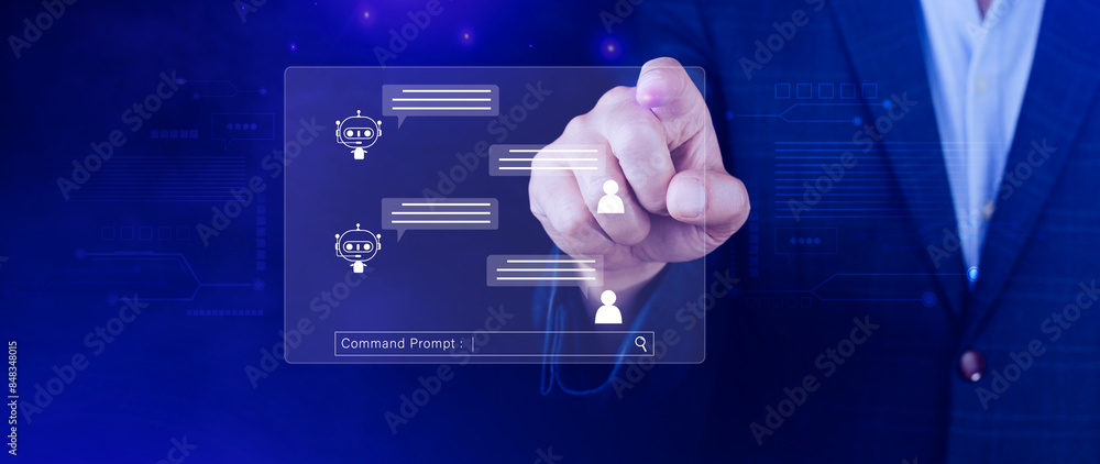 Poster businessman using for digital chatbot, robot application, conversation assistant, ai artificial inte