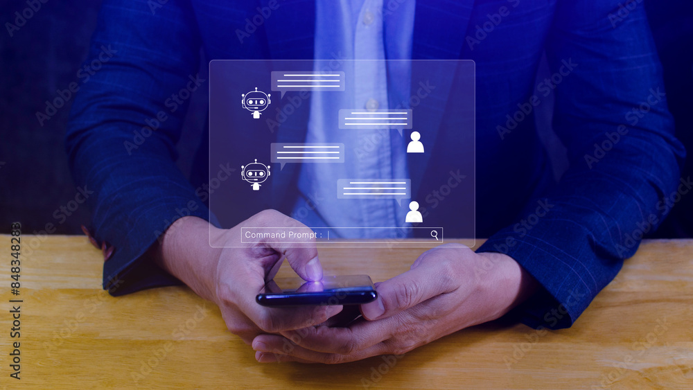 Poster businessman using for digital chatbot, robot application, conversation assistant, ai artificial inte