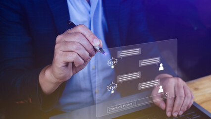 Businessman using for digital chatbot, robot application, conversation assistant, AI Artificial Intelligence concept, digital chatbot on virtual screen, virtual assistants on internet.