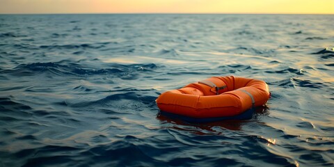 Obraz premium Unused orange life jacket floating at sea symbolizing emergency rescue equipment. Concept Survival Equipment, Emergency Rescue, Water Safety, Orange Life Jacket, Marine Safety