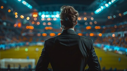 A man dressed in a sharp black suit observes a nighttime football match from the stadium stands