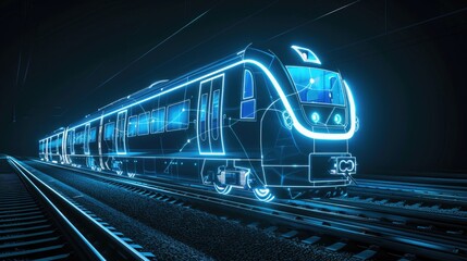 an AI-powered train racing on tracks, its glowing lines and holographic effects evoking dynamic motion.