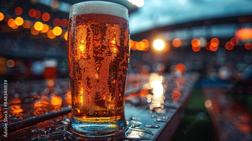 Poster a refreshing pint of beer placed on a wet surface with stadium and ambient lights glowing beautifull