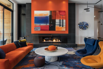 A modern drawing room with a bold color palette, featuring statement furniture pieces, abstract art, and a sleek, contemporary fireplace