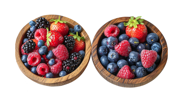Fresh mix berries, strawberries, raspberries and blueberries in wooden bowl isolated on background. PNG