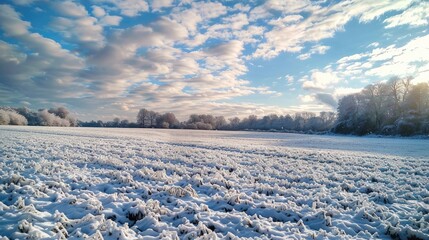 Snowy Field Beneath a Blue Cloudy Sky