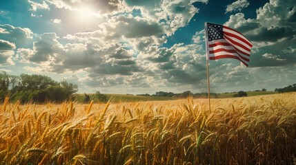 serene countryside scene with a large American flag flying over a wheat field