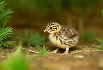 A close-up photo of a newborn baby chick quail sitting on the ground