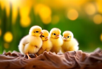 Close-up of yellow chicks with a blurred nature background and bokeh effect