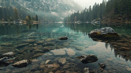 Fototapeta premium Lake surrounded by rocks with a backdrop of a forest