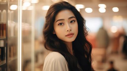 Obraz premium A portrait of a beautiful young Asian woman with perfect skin and long dark hair dressed in light t-shirt who is making shopping at the modern mall. Blurred background.
