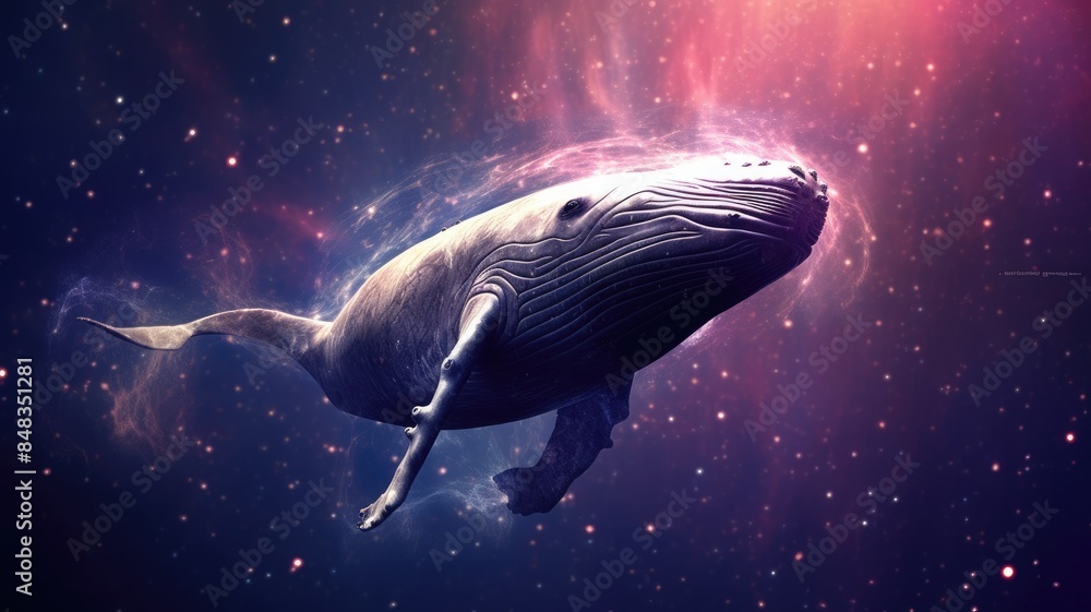 Aufkleber surreal art design of a whale floating in space with a cosmic background and starry sky. digital art