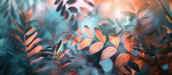 Tropical leaves and foliage create soft, shadowy light in an abstract background.