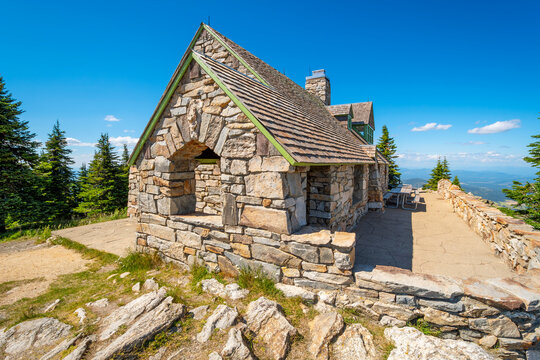 The stacked stone vista house overlooking the lakes and valleys below at the top of Mount Spokane at the Mt Spokane State Park in Spokane, Washington, USA.