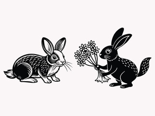 cute gray rabbit white background hold bouquet