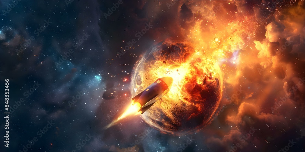 Poster space scene with rocket fleeing exploding planet against cosmic backdrop. concept sci-fi illustratio