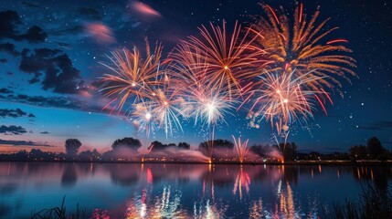 Fototapeta premium stunning display of fireworks over a calm lake, reflecting the brilliant colors
