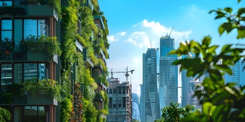Fototapeta premium Urban skyline with green rooftops and vertical gardens reducing urban heat island. Concept Urban Greenery, Sustainable Architecture, Climate Change Mitigation, Green Roofs, Urban Heat Island