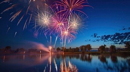 stunning display of fireworks over a calm lake, reflecting the brilliant colors
