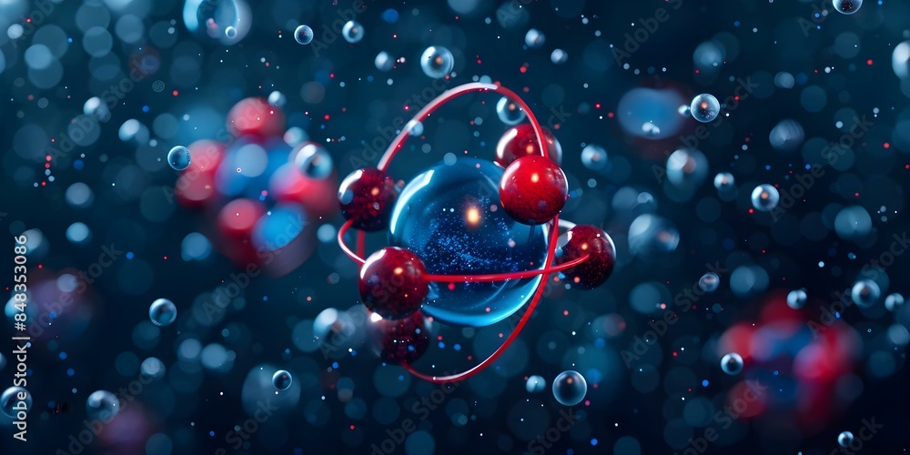 Aufkleber 3d model showing red and blue spheres representing electrons orbiting a nucleus. concept 3d modeling