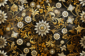 Intricate floral motifs on textured canvas.
