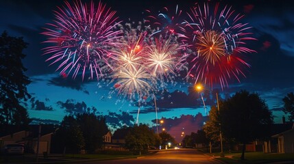 vibrant fireworks display lighting up a dark night sky over a quiet suburban street