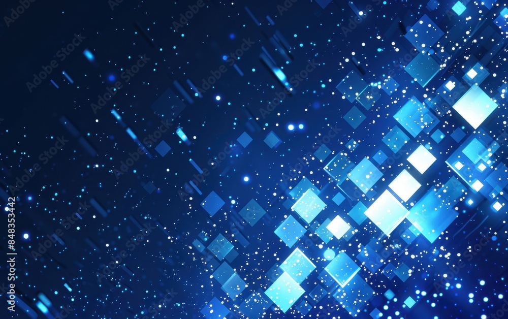 Poster blue background with white squares and glowing lines, creating an abstract technology-inspired desig