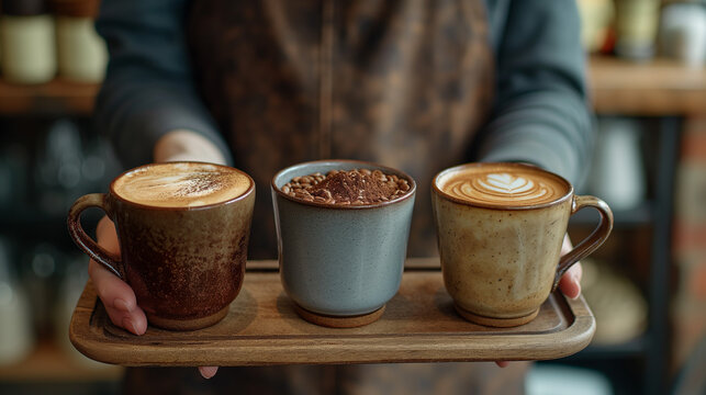 Coffee House Atmosphere: Barista Man Carrying Wooden Tray, Hand-Made Pottery Cups, Different Coffees, Rustic Ambiance.