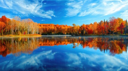 Obraz premium Reflection of an autumn lake against a backdrop of a blue sky and forest scenery