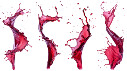 Wine splash realistic set of isolated sprays of liquid red wine with drops on transparent background.